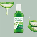 Back of Aloe Dent Mouthwash 250ml bottle showing ingredients, directions, and natural certification logos.