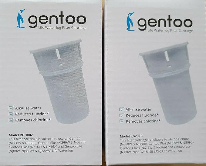 Two Ecobud Gentoo water filter replacement cartridges shown in their individual plastic packaging on a white background.