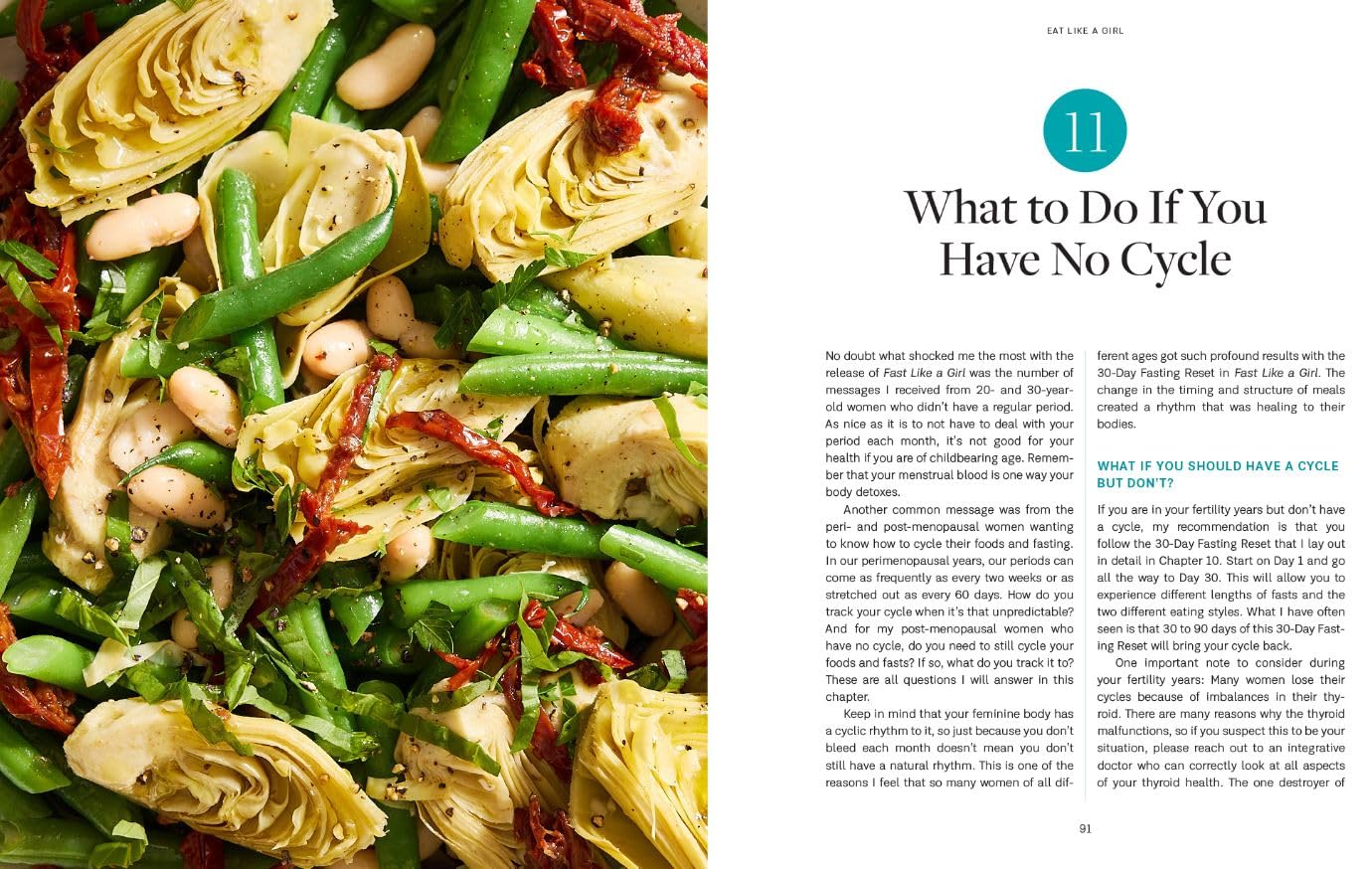 Interior page of Eat Like a Girl by Dr. Mindy Pelz featuring recipe images and text on a white background.