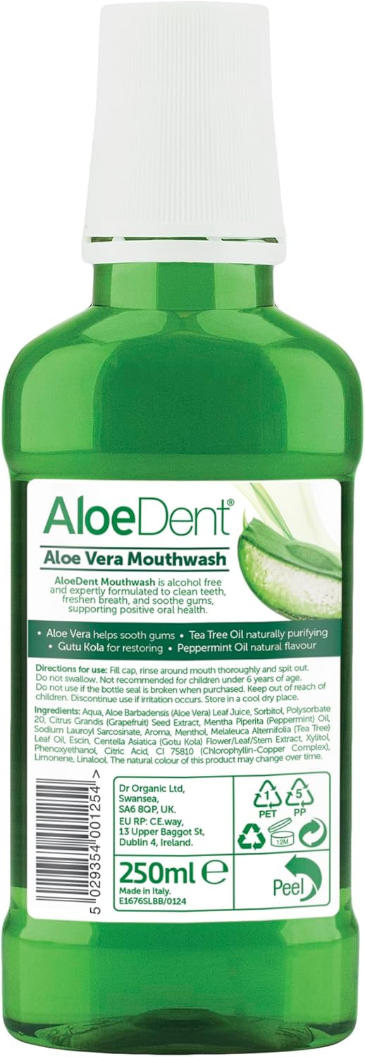 Aloe Dent mouthwash 250ml bottle showing aloe vera and tea tree ingredients for natural oral care.