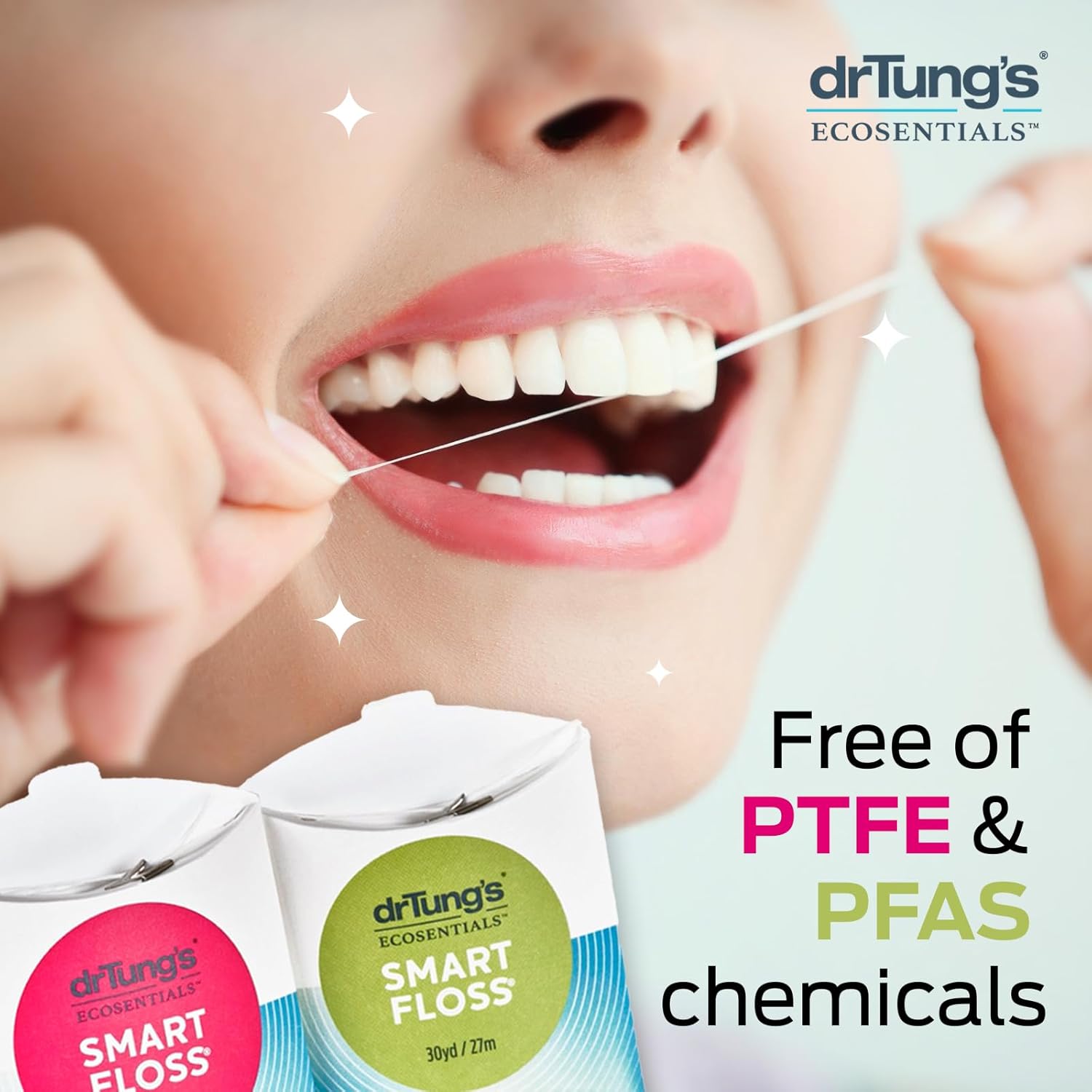 Close-up of Dr Tung's Smart Floss in a yellow oval dispenser on a white background.