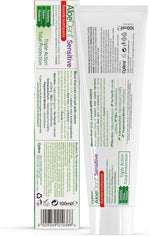 Side of Aloe Dent Sensitive toothpaste box showing natural ingredients like aloe vera, tea tree oil, and echinacea.
