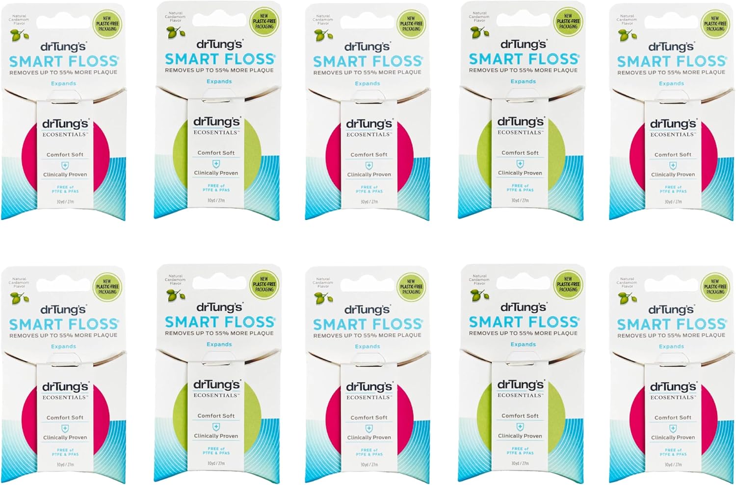 Dr Tung's Smart Dental Floss in a 10-pack of colorful, oval dispensers for high-performance interdental cleaning.