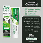 Side of Aloe Dent Charcoal Toothpaste box showing product features and a list of key natural ingredients.