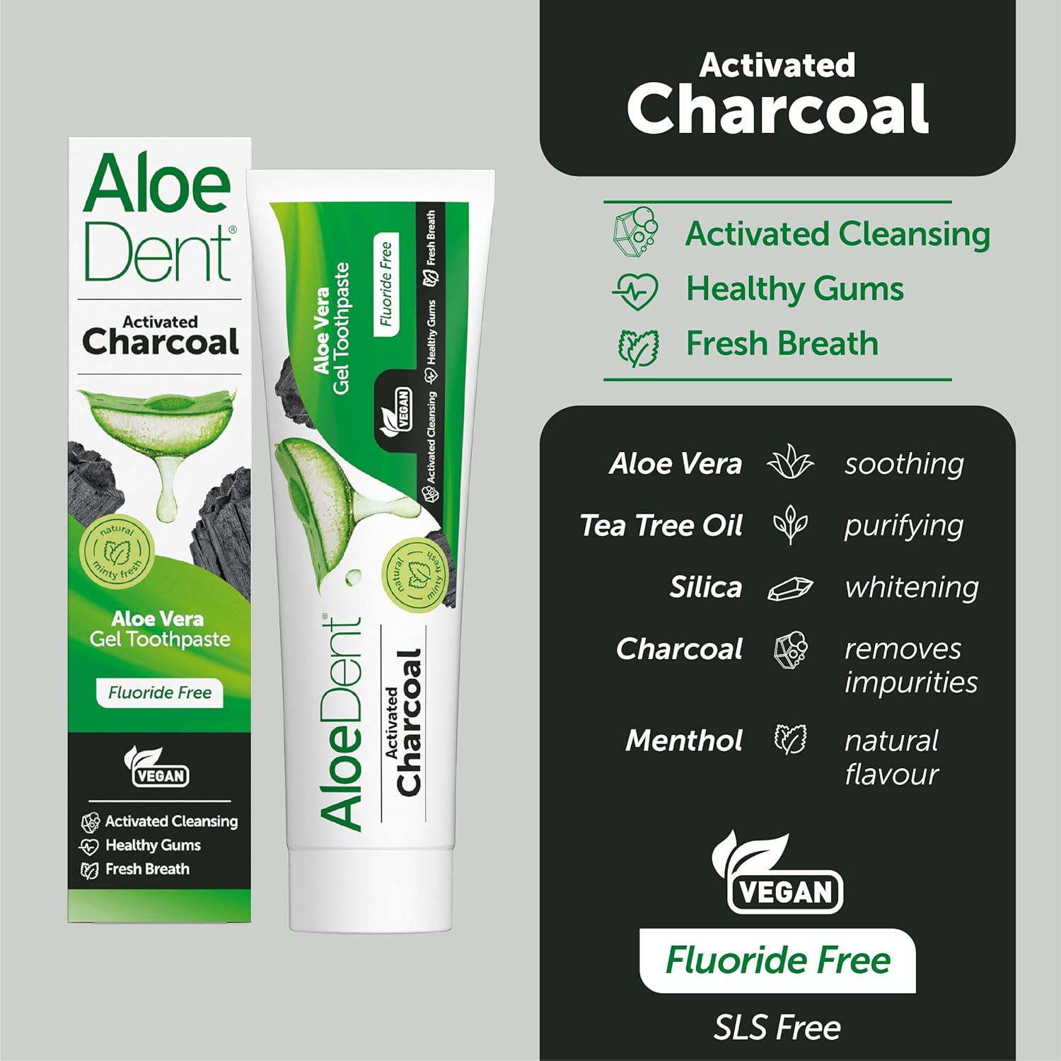 Side of Aloe Dent Charcoal Toothpaste box showing product features and a list of key natural ingredients.