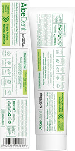 Back of Aloe Dent Charcoal Toothpaste box with ingredients, directions, and natural features on a white background.