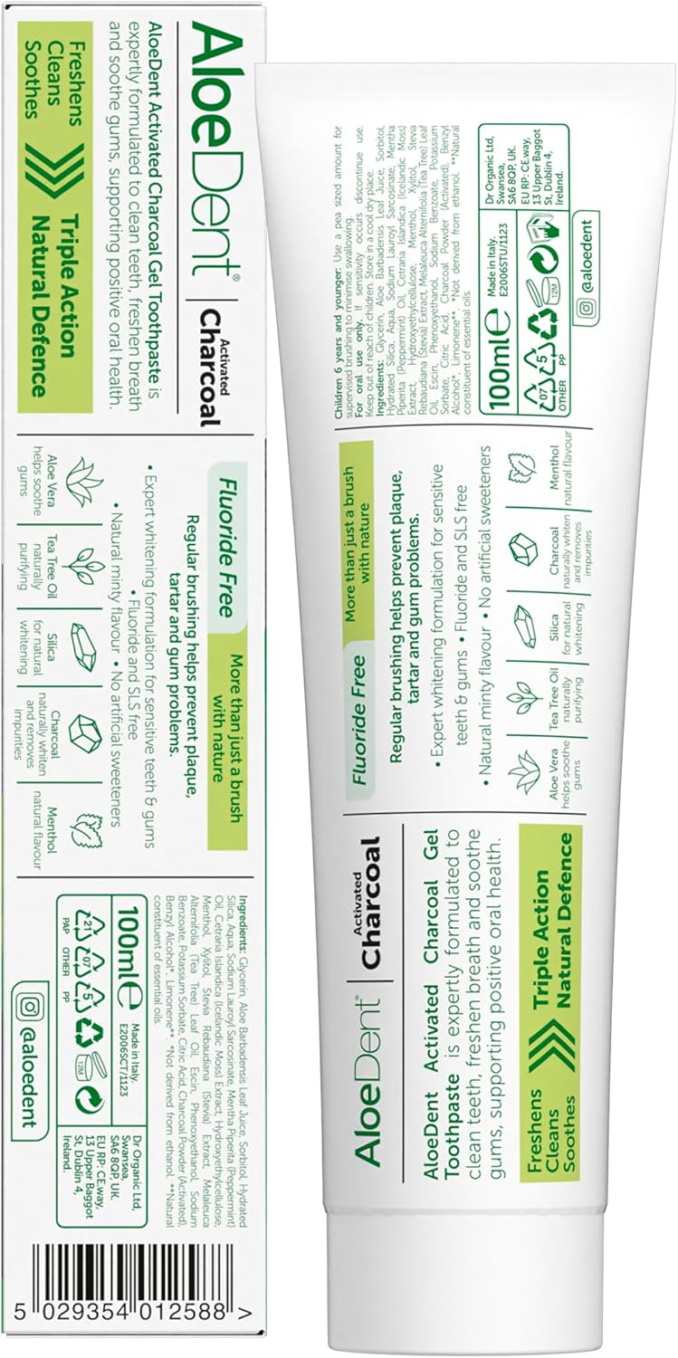 Back of Aloe Dent Charcoal Toothpaste box with ingredients, directions, and natural features on a white background.