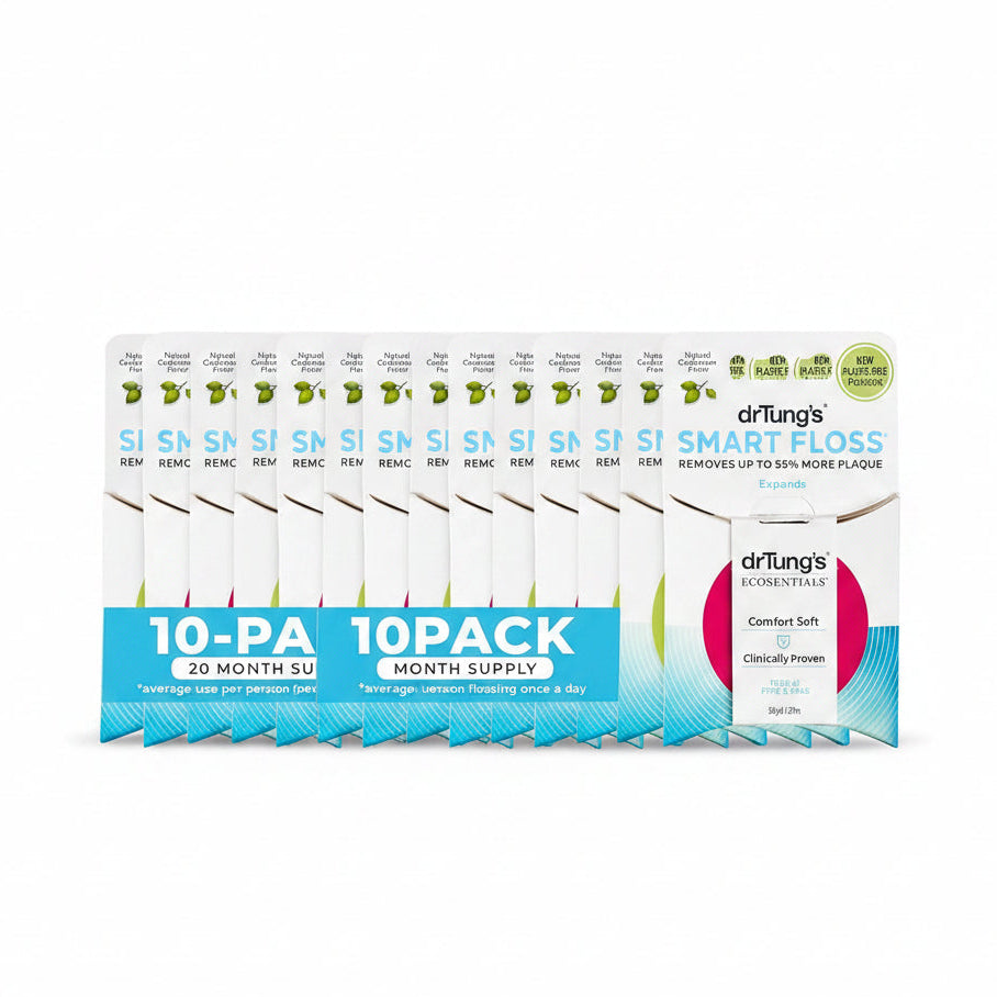 Multiple packages of drTung's Smart Floss with a 10-pack label.