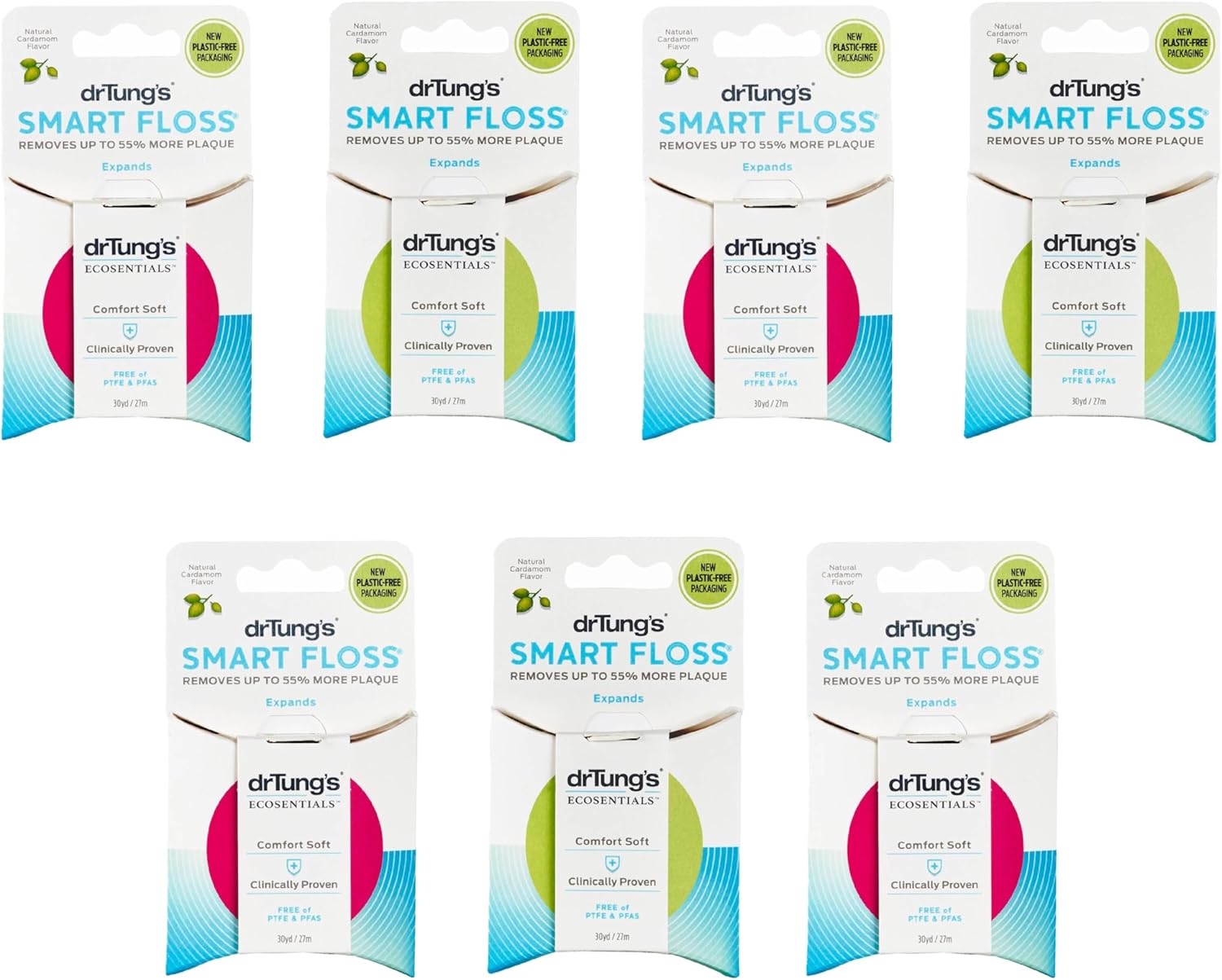 Pack of seven Dr Tung's Smart Floss containers in assorted colors with expanding dental floss.