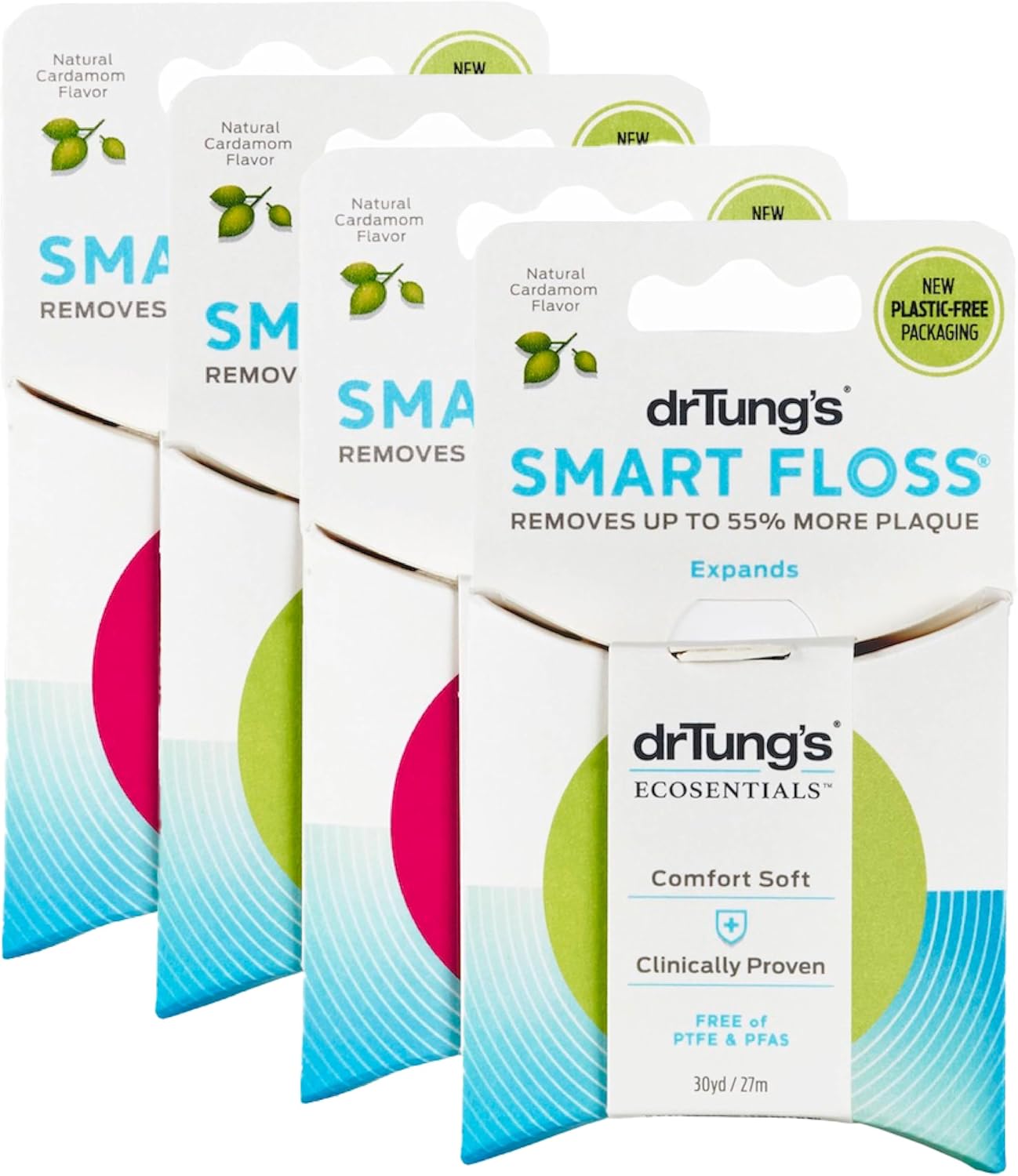Pack of 4 Dr Tung's Smart Dental Floss in assorted colors, featuring high-performance expanding fibers for plaque removal.
