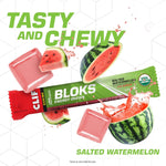 Close-up of three Salted Watermelon CLIF Bloks cubes being pushed out of the Fastpak sleeve.