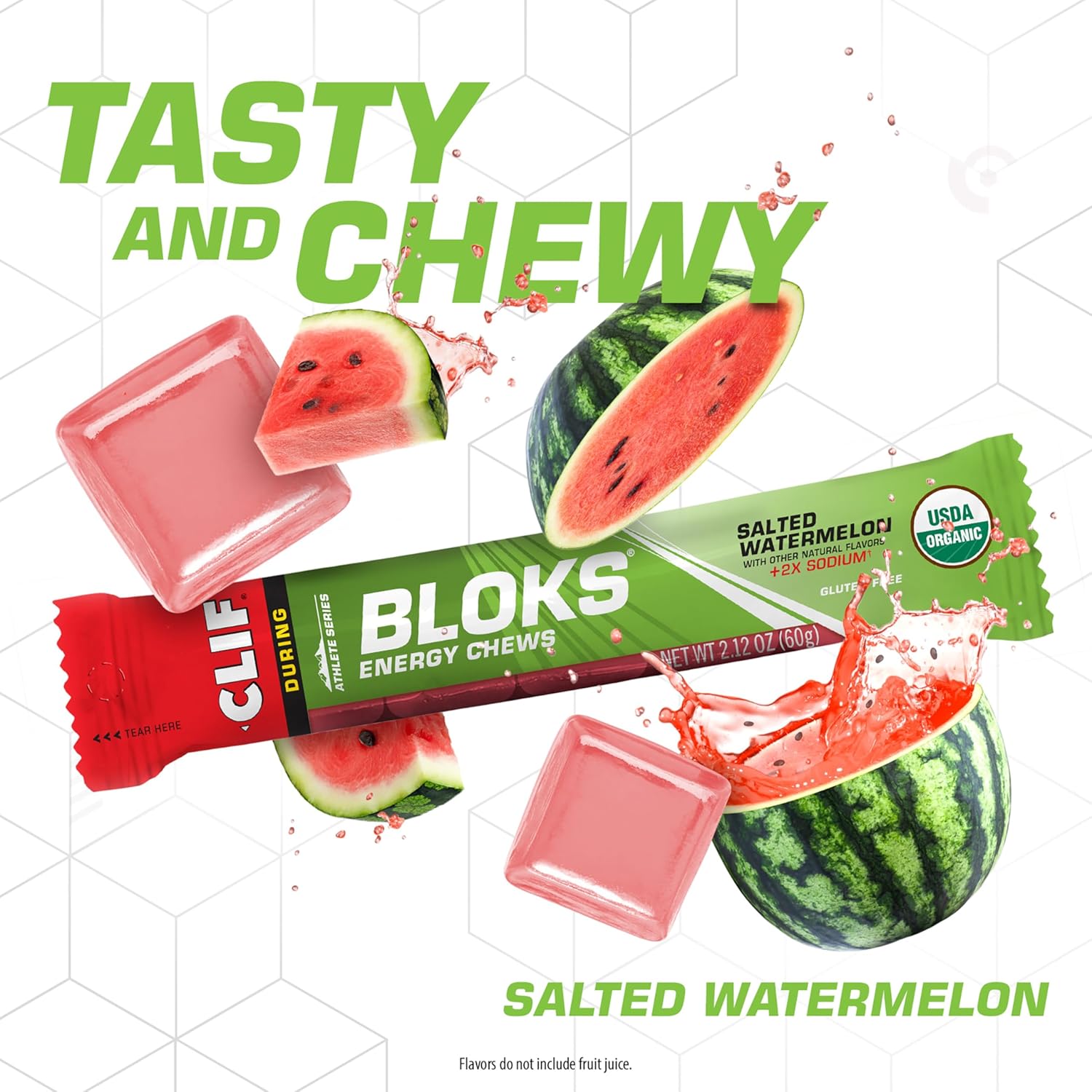 Close-up of three Salted Watermelon CLIF Bloks cubes being pushed out of the Fastpak sleeve.