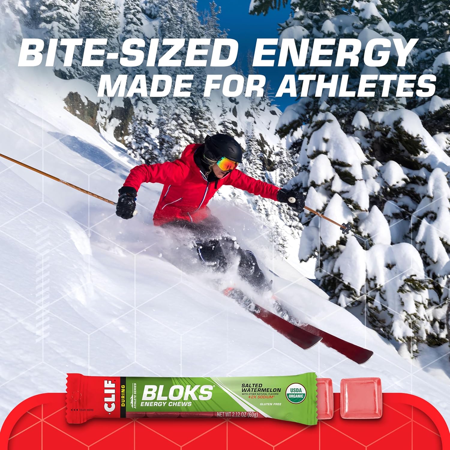Salted Watermelon CLIF Bloks packaging highlighting 100mg sodium, 90 calories, and USDA Organic certification.