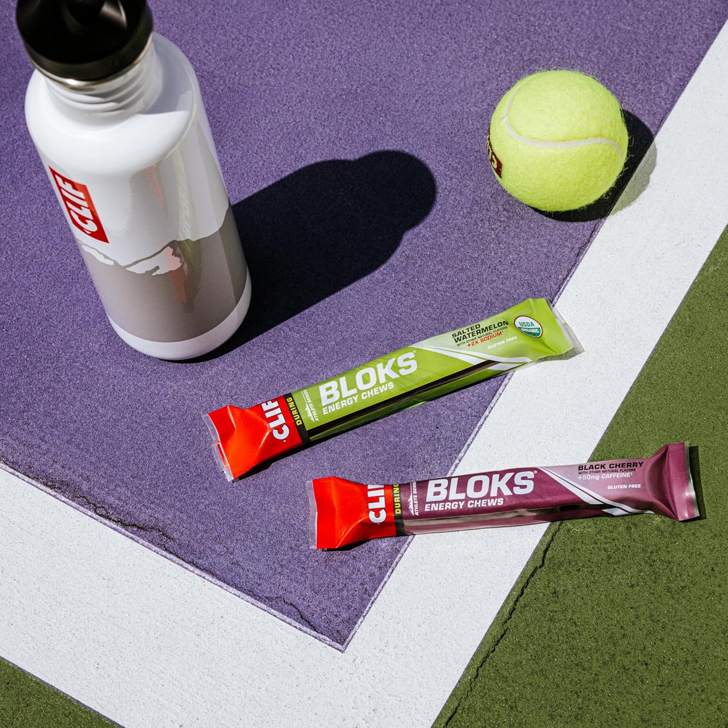 Infographic showing Salted Watermelon CLIF Bloks are USDA Organic, non-GMO, and plant-based for performance.