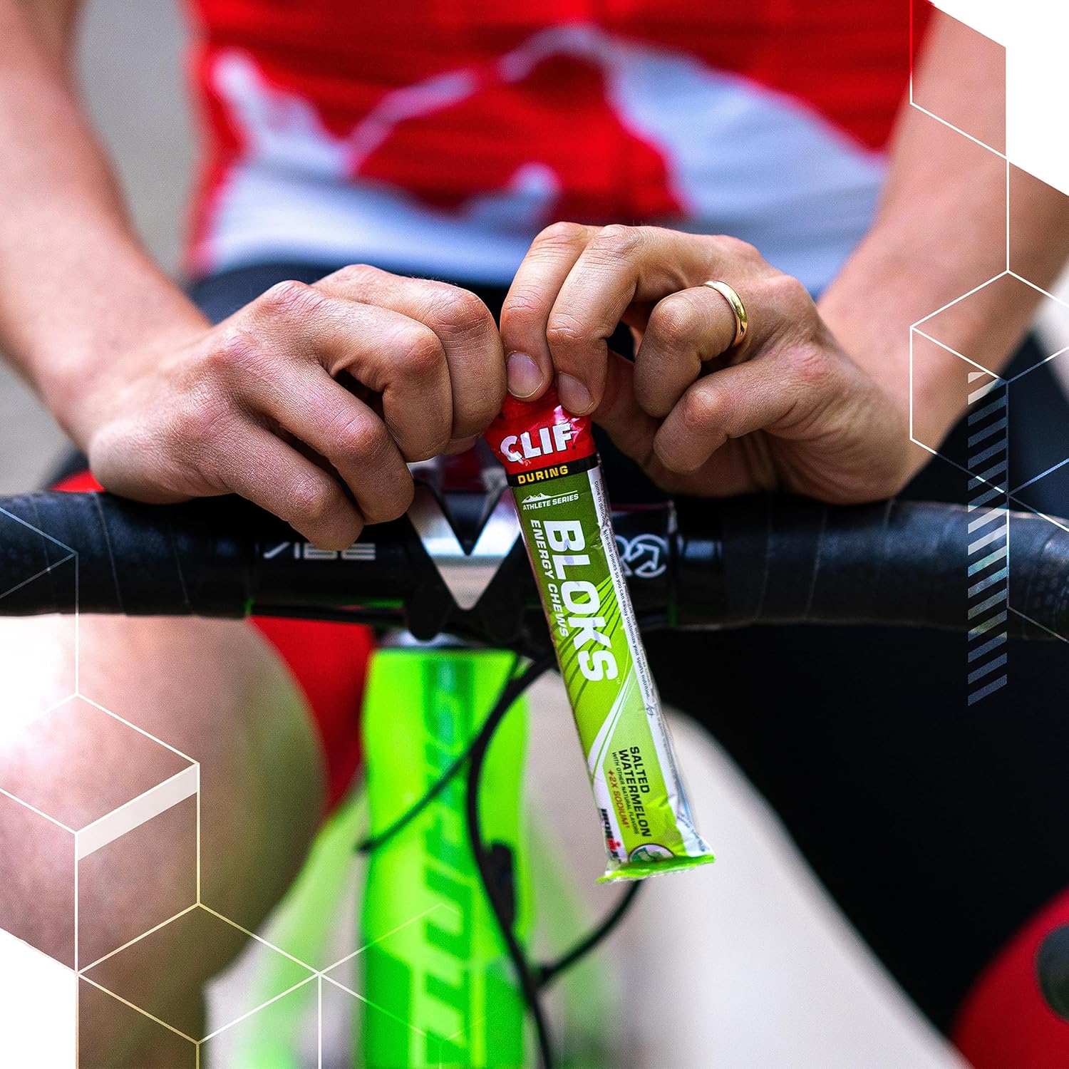 Infographic for Salted Watermelon CLIF Bloks showing 100mg sodium, 90 calories, and USDA Organic certification.