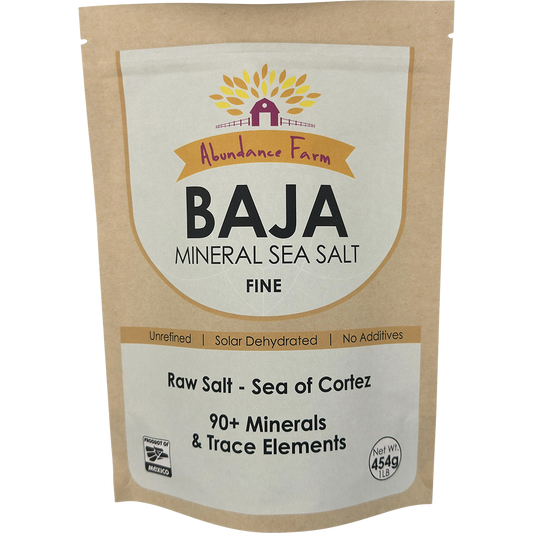 Abundance Farm 454g Baja Mineral Sea Salt Fine resealable pouch on a white background.