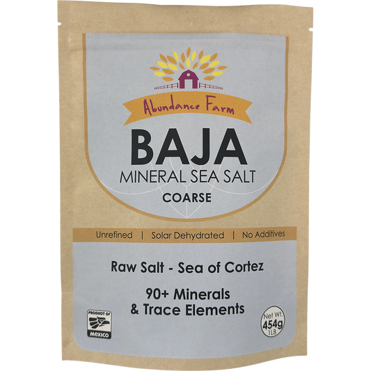 Abundance Farm 454g Baja Mineral Sea Salt Coarse resealable pouch on a white background.