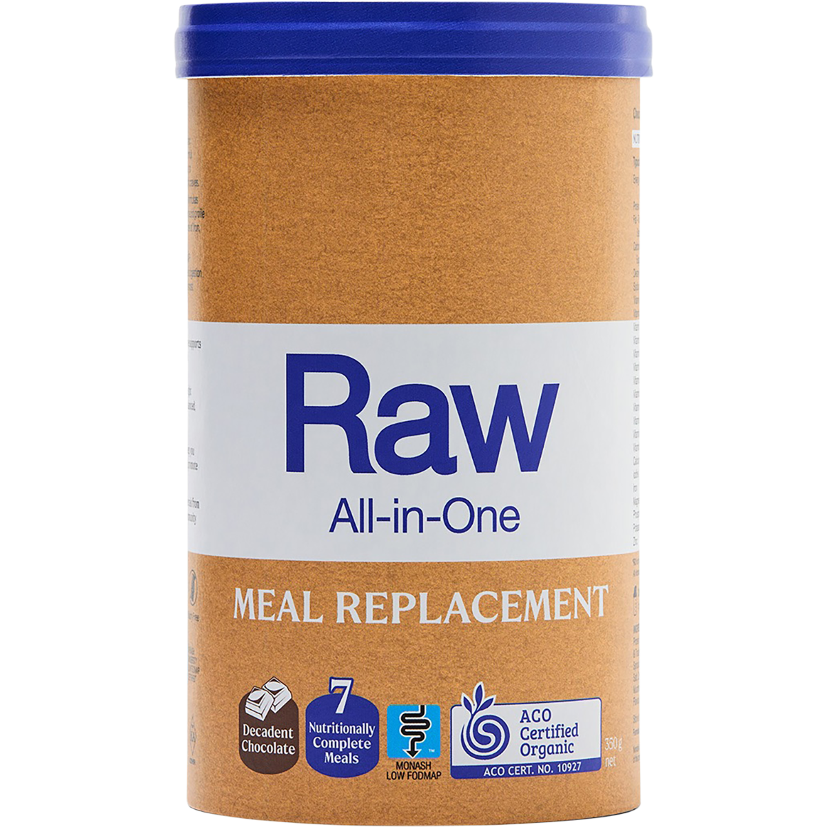 Amazonia Raw All-In-One Meal Replacement 350g tub in Decadent Chocolate flavor on a white background.