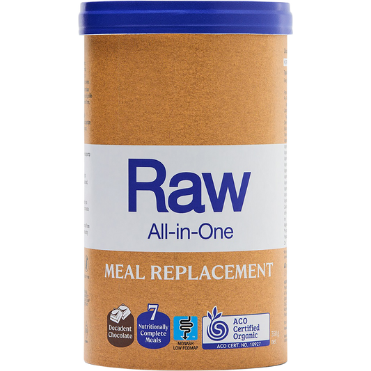 Amazonia Raw All-In-One Meal Replacement 350g tub in Decadent Chocolate flavor on a white background.