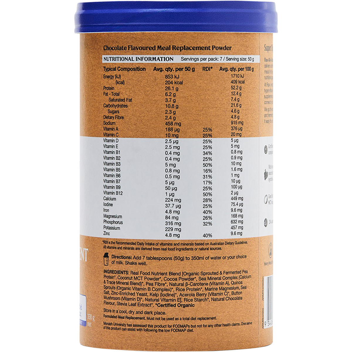 Right side of Amazonia 350g Decadent Chocolate Meal Replacement tub showing dietary icons on a white background.
