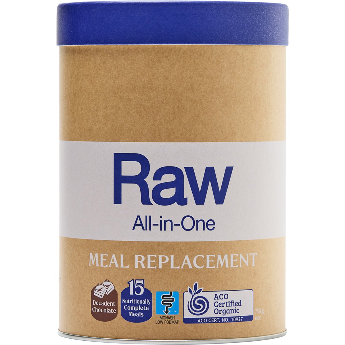 Amazonia Raw All-In-One Meal Replacement 750g tub in Decadent Chocolate flavor on a white background.