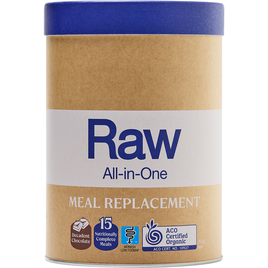 Amazonia Raw All-In-One Meal Replacement 750g tub in Decadent Chocolate flavor on a white background.