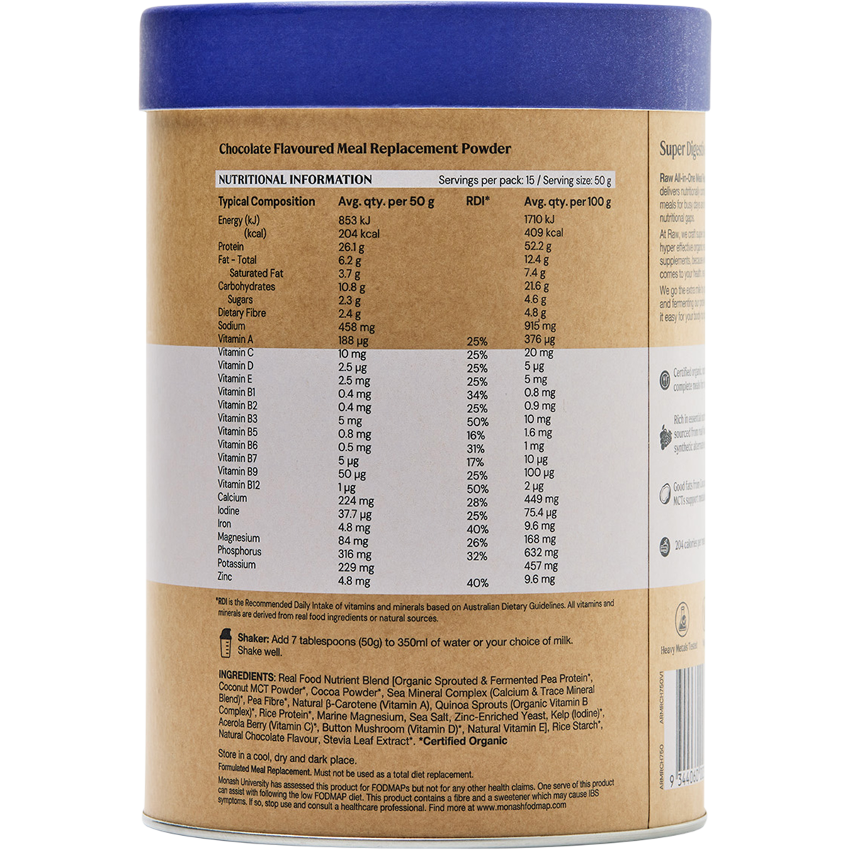 Right side of Amazonia Raw All-In-One Meal Replacement 750g Decadent Chocolate tub on a white background.