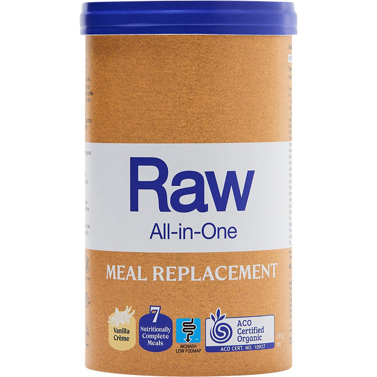 Amazonia Raw All-In-One Meal Replacement 350g tub in Vanilla Creme flavor on a white background.