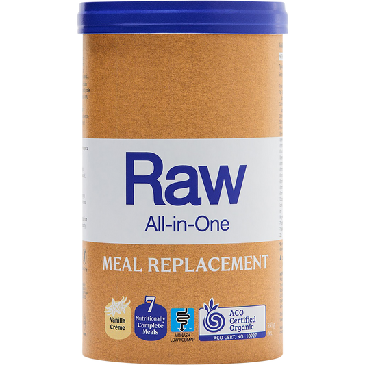 Amazonia Raw All-In-One Meal Replacement 350g tub in Vanilla Creme flavor on a white background.
