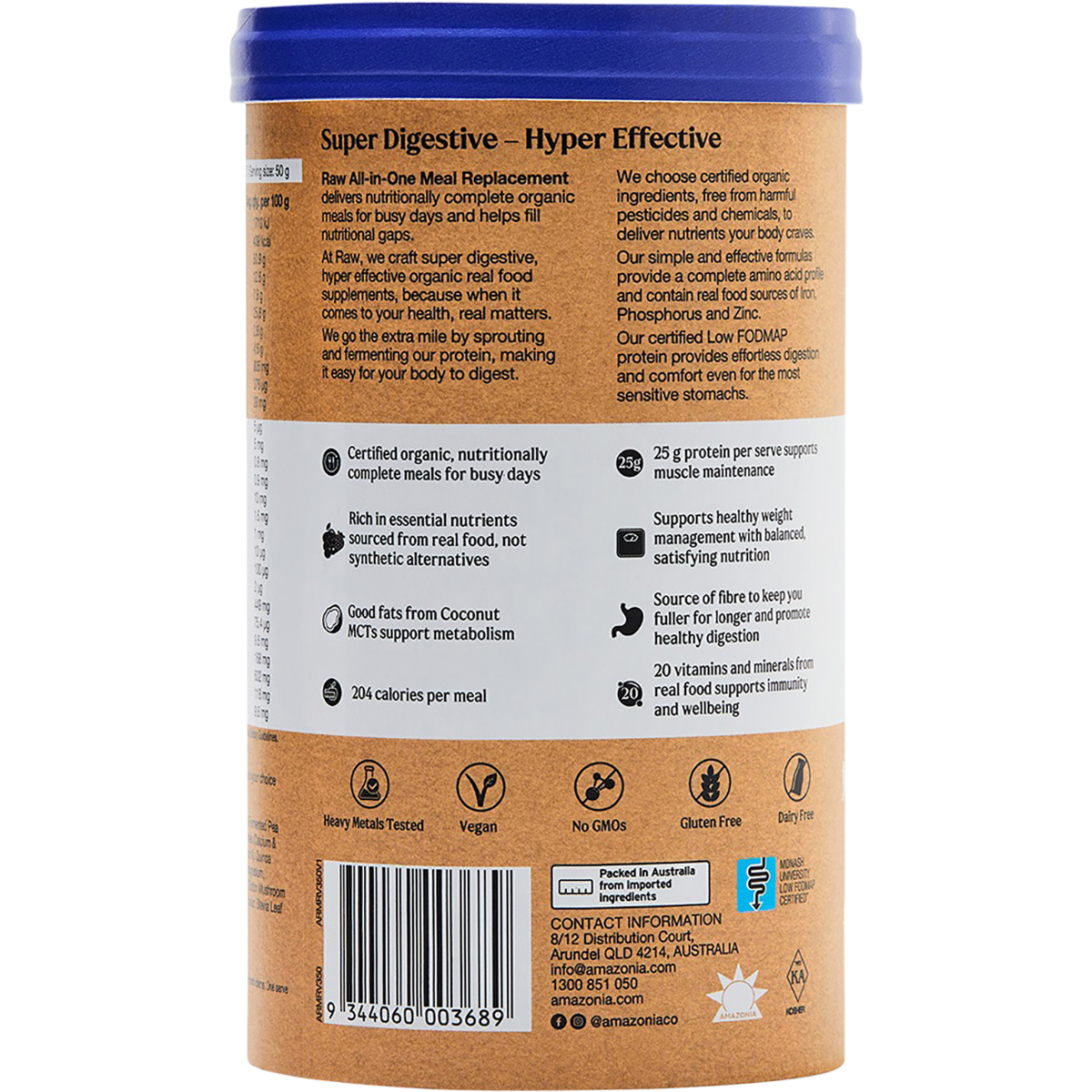 Left side view of Amazonia 350g Vanilla Creme Meal Replacement tub with product details on a white background.
