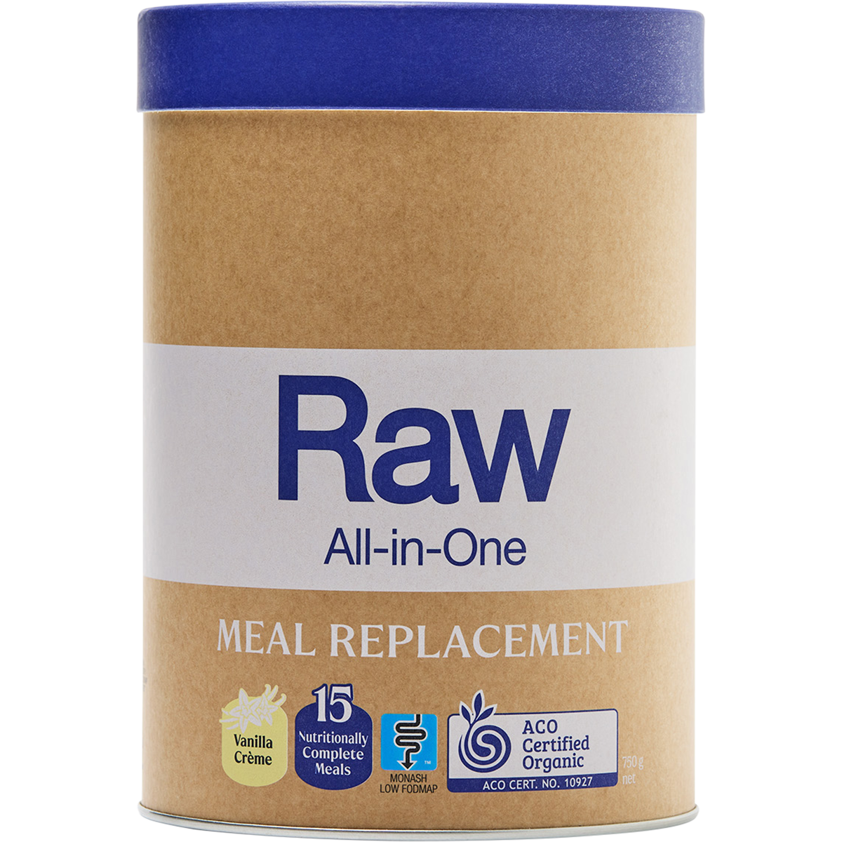 Amazonia Raw All-In-One Meal Replacement 750g tub in Vanilla Creme flavor on a white background.