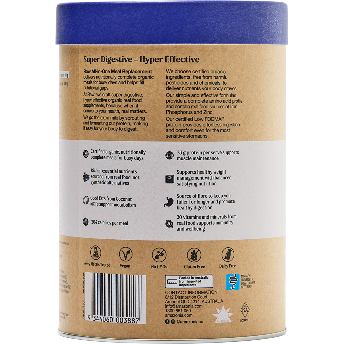 Left side of Amazonia Raw All-In-One Meal Replacement 750g Vanilla tub showing product info on a white background.
