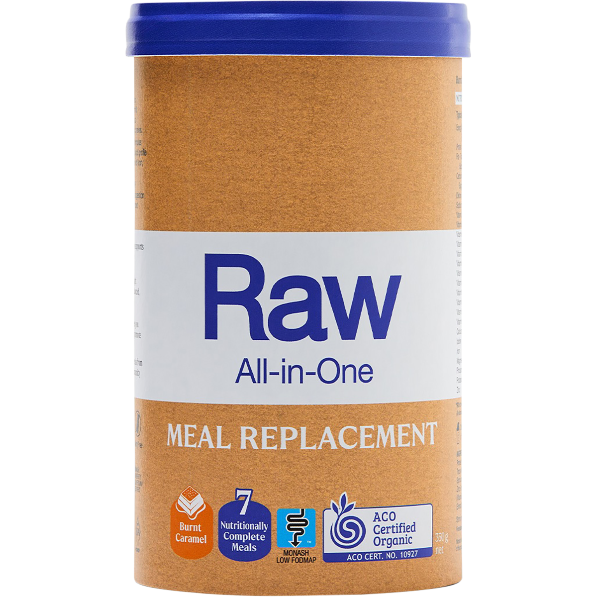 Amazonia Raw All-In-One Meal Replacement 350g tub in Burnt Caramel flavor on a white background.