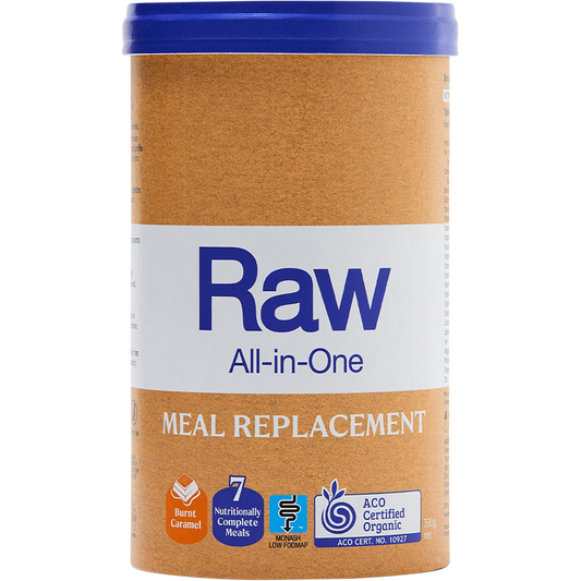 Amazonia Raw All-In-One Meal Replacement 350g tub in Burnt Caramel flavor on a white background.