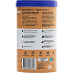 Left side view of Amazonia 350g Burnt Caramel Meal Replacement tub showing nutritional information on a white background.