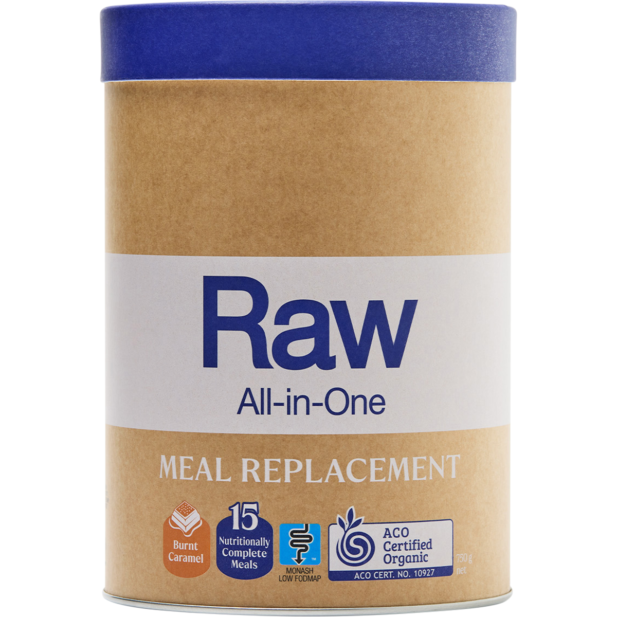 Amazonia Raw All-In-One Meal Replacement 750g tub in Burnt Caramel flavor on a white background.