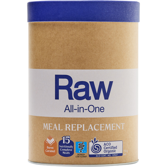 Amazonia Raw All-In-One Meal Replacement 750g tub in Burnt Caramel flavor on a white background.