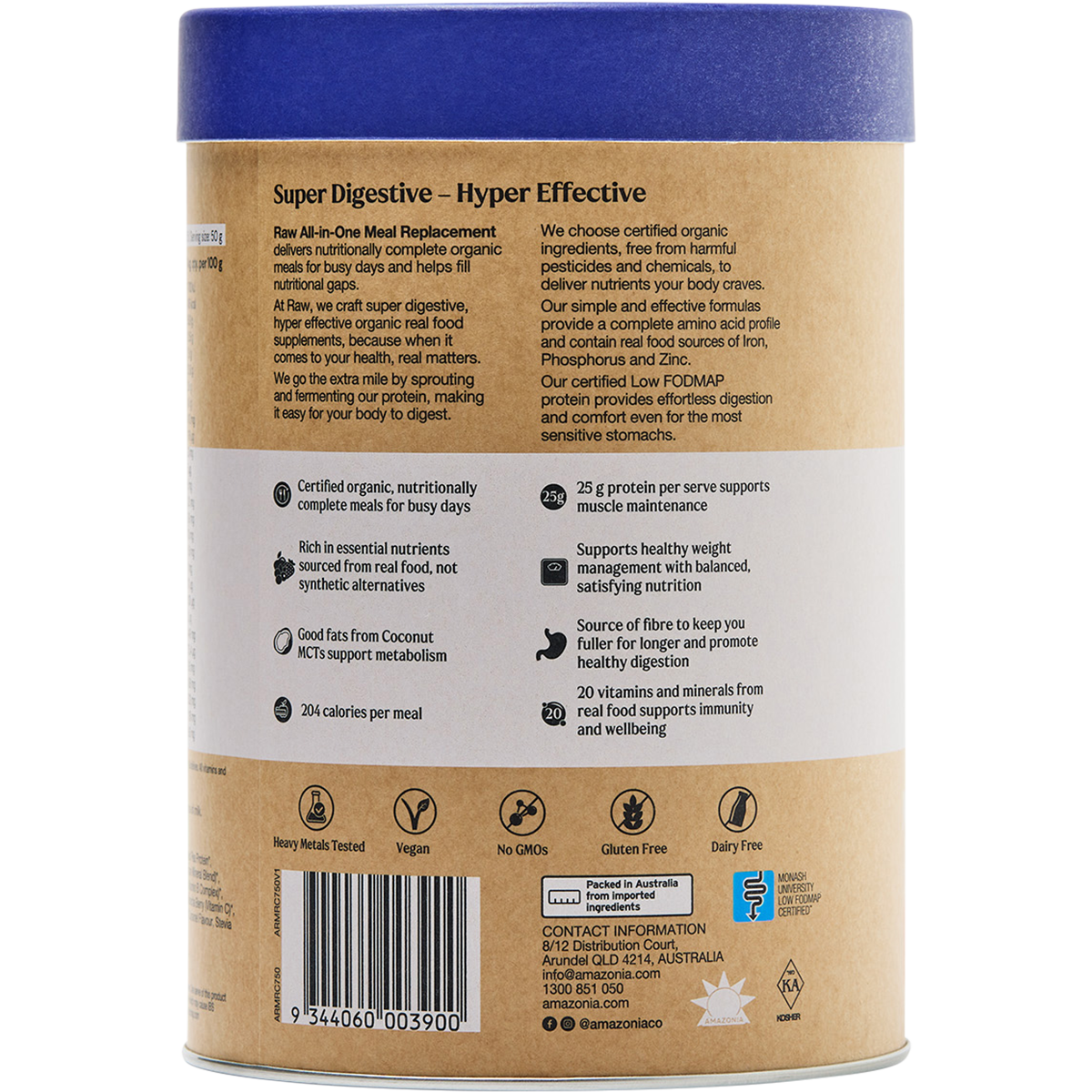Left side view of Amazonia Raw All-In-One Burnt Caramel 750g tub with nutritional info on a white background.