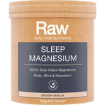 100g tub of Amazonia Raw Sleep Magnesium Dreamy Vanilla with botanical illustrations on a white background.
