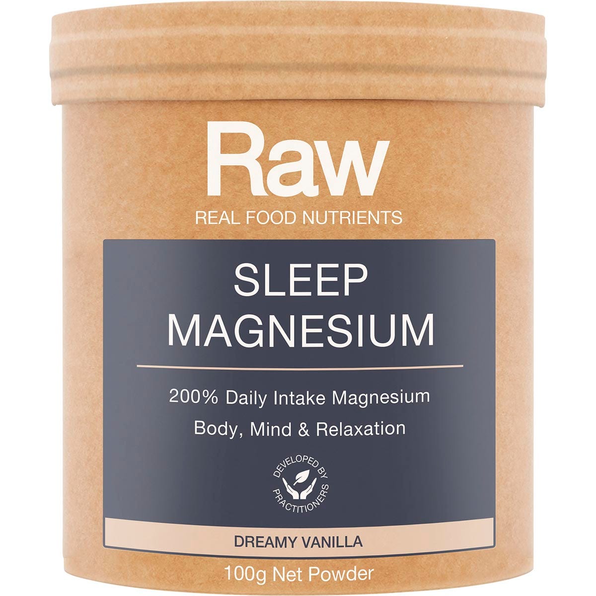 100g tub of Amazonia Raw Sleep Magnesium Dreamy Vanilla with botanical illustrations on a white background.