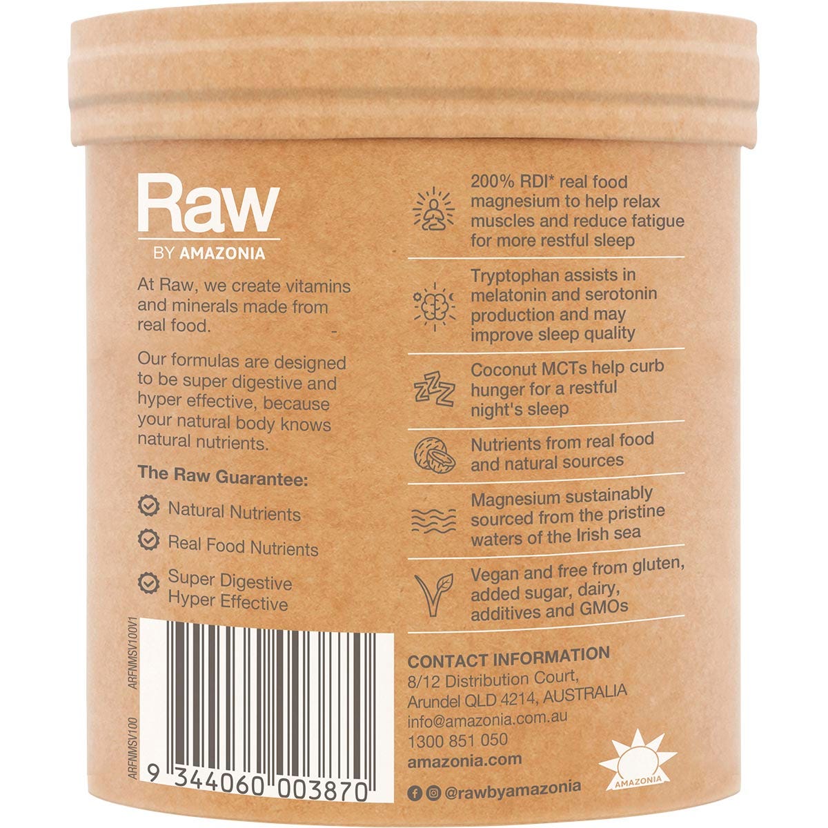 Side view of an Amazonia Raw Sleep Magnesium Dreamy Vanilla 100g tub featuring botanical illustrations.