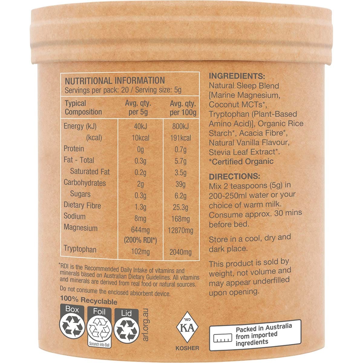 Side view of Amazonia Raw Sleep Magnesium Dreamy Vanilla 100g tub with botanical illustrations on a white background.