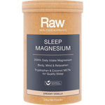 200g tub of Amazonia Raw Sleep Magnesium Dreamy Vanilla featuring a white container and botanical illustrations.