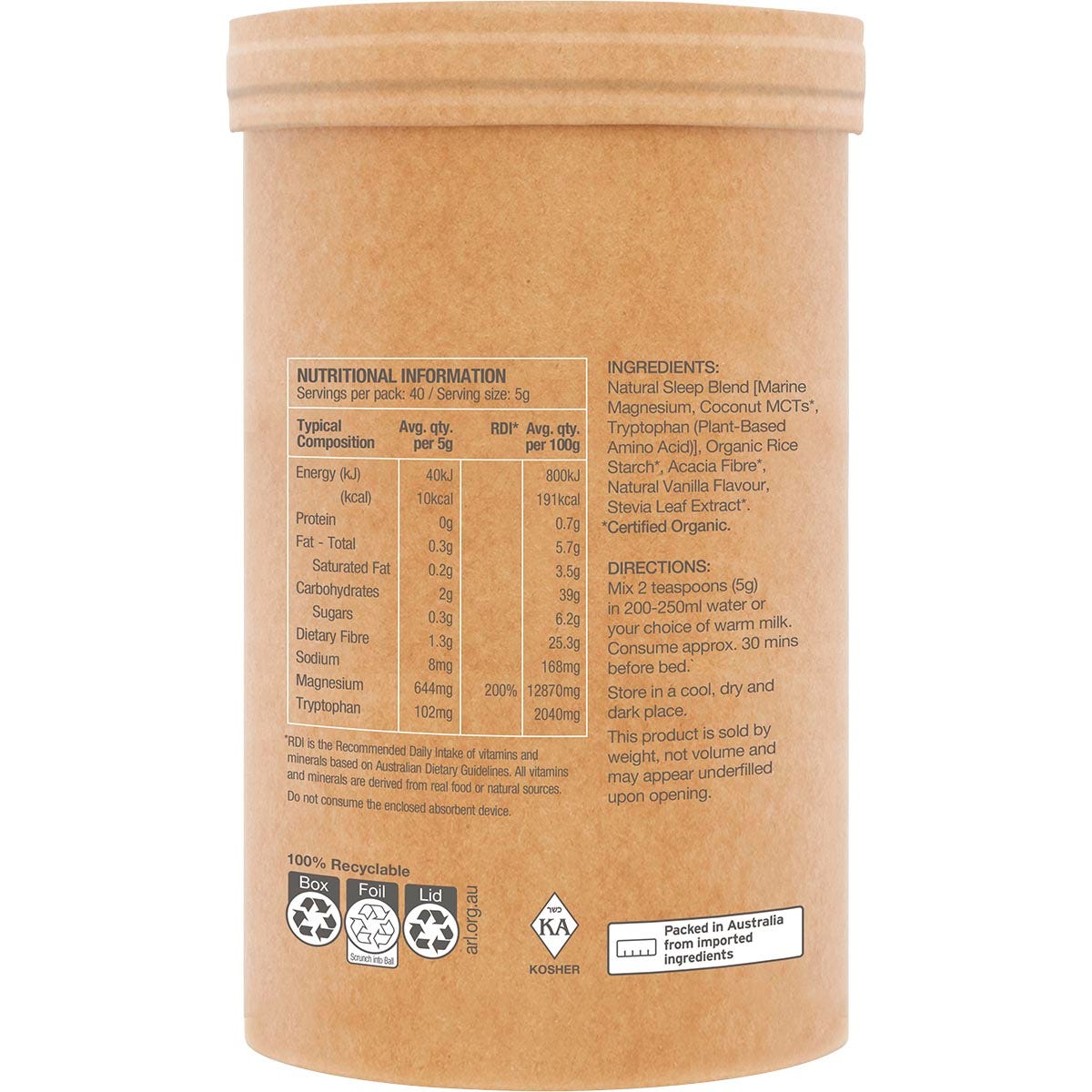 Side view of a 200g tub of Amazonia Raw Sleep Magnesium Dreamy Vanilla with botanical illustrations on a white background.