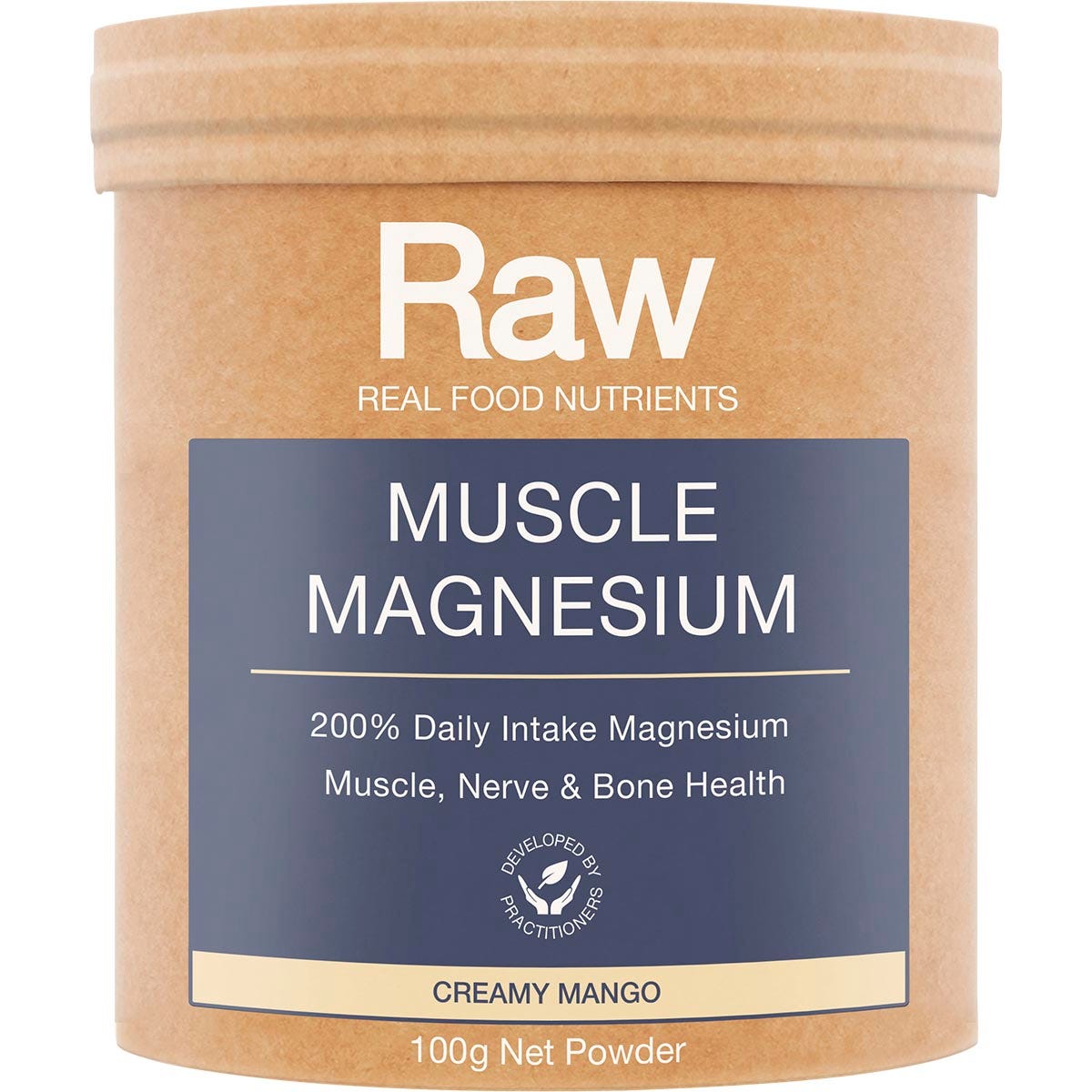 100g tub of Amazonia Raw Muscle Magnesium in Creamy Mango flavor with botanical illustrations on a white background.