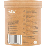 Left-side view of a 100g tub of Amazonia Raw Muscle Magnesium in Creamy Mango with botanical illustrations.