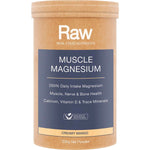 200g tub of Amazonia Raw Muscle Magnesium in Creamy Mango flavor with yellow and green botanical illustrations.