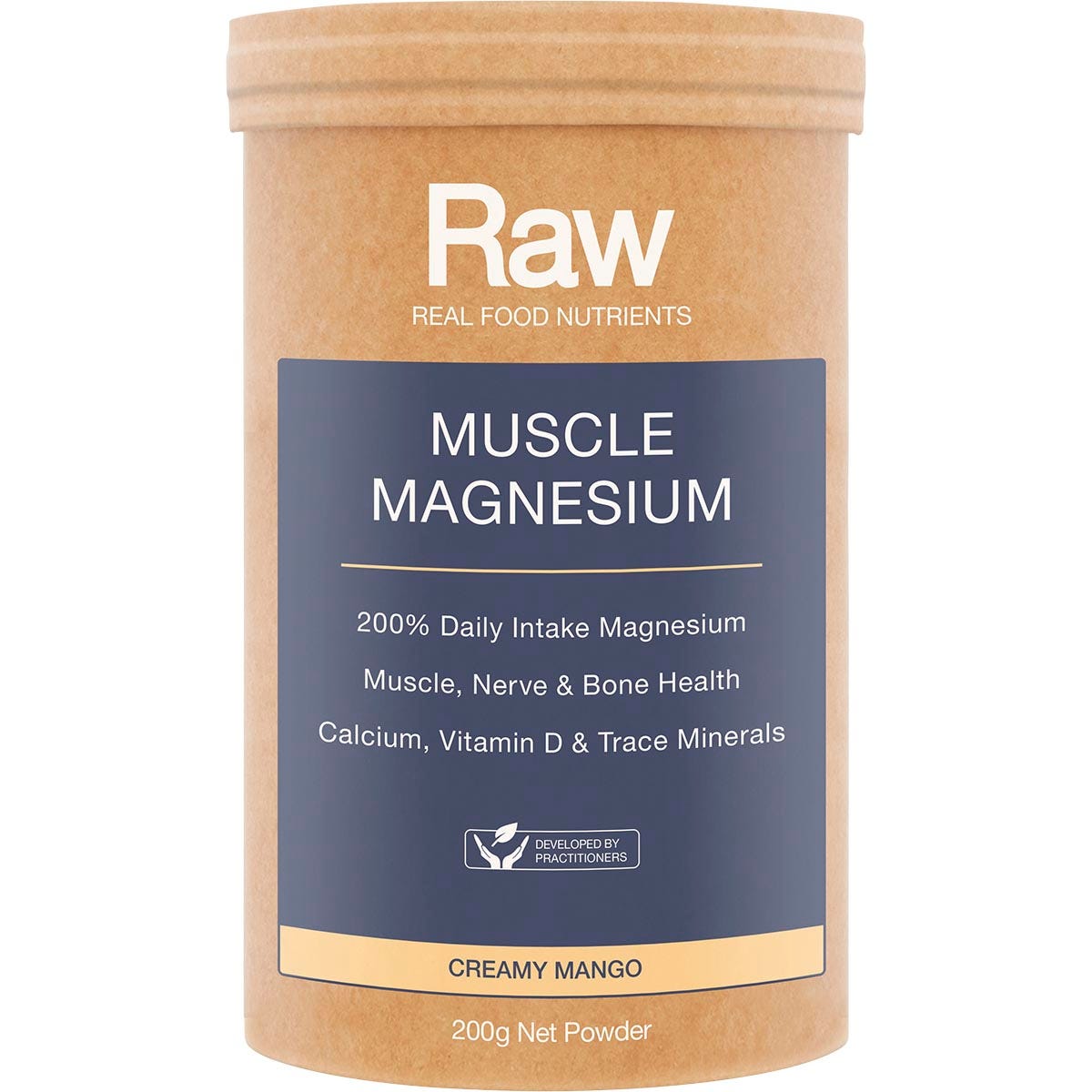 200g tub of Amazonia Raw Muscle Magnesium in Creamy Mango flavor with yellow and green botanical illustrations.