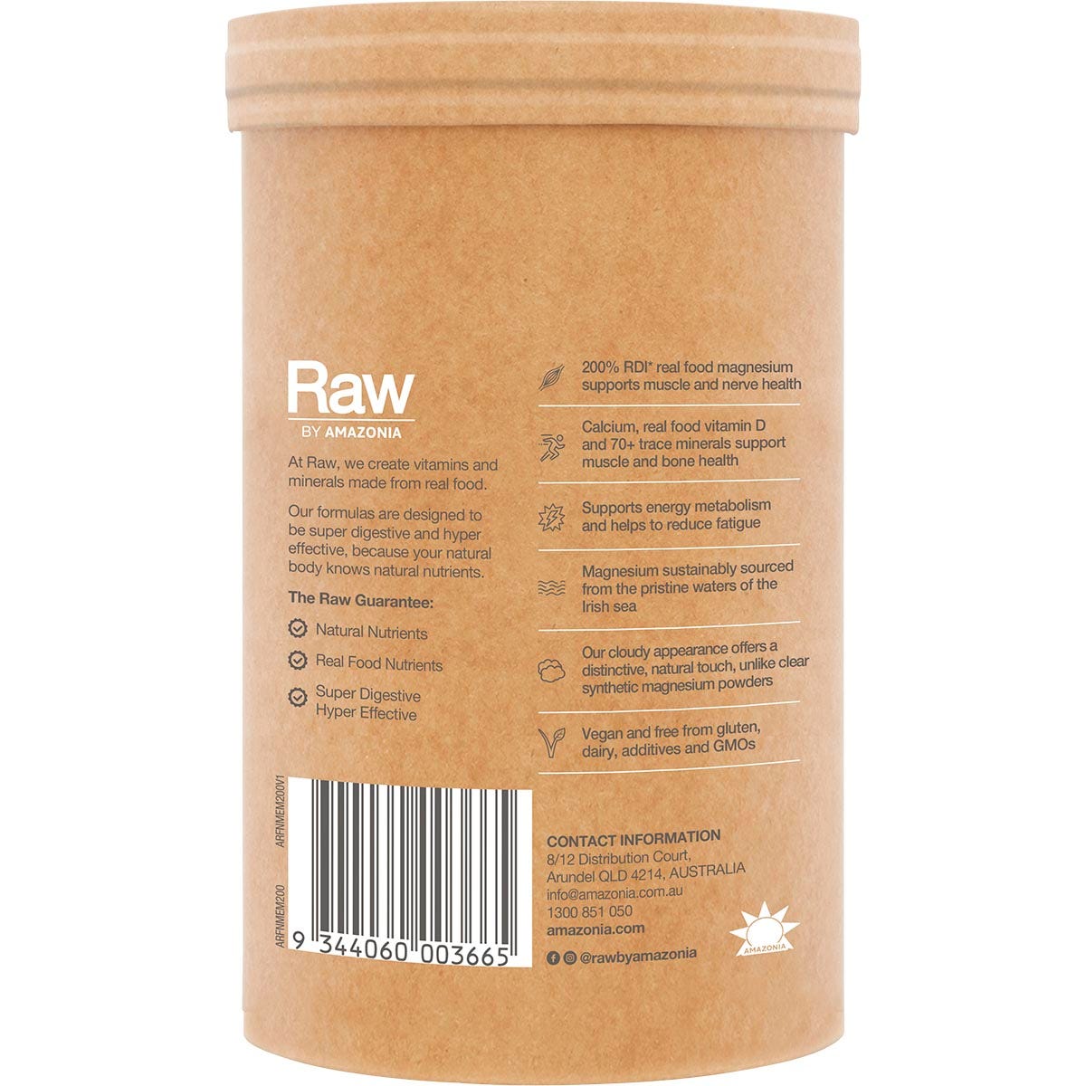 Left-angled view of a 200g tub of Amazonia Raw Muscle Magnesium Creamy Mango showing botanical illustrations.