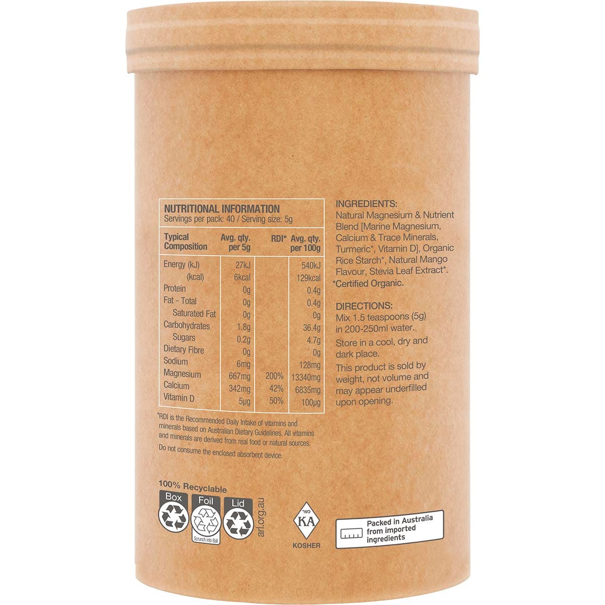 Right-angled view of a 200g tub of Amazonia Raw Muscle Magnesium Creamy Mango showing botanical illustrations.